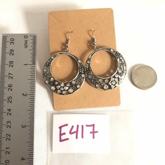 Ornate Open Circle Star Rhinestone Pierced Dangle Earrings - Picture 6 of 7